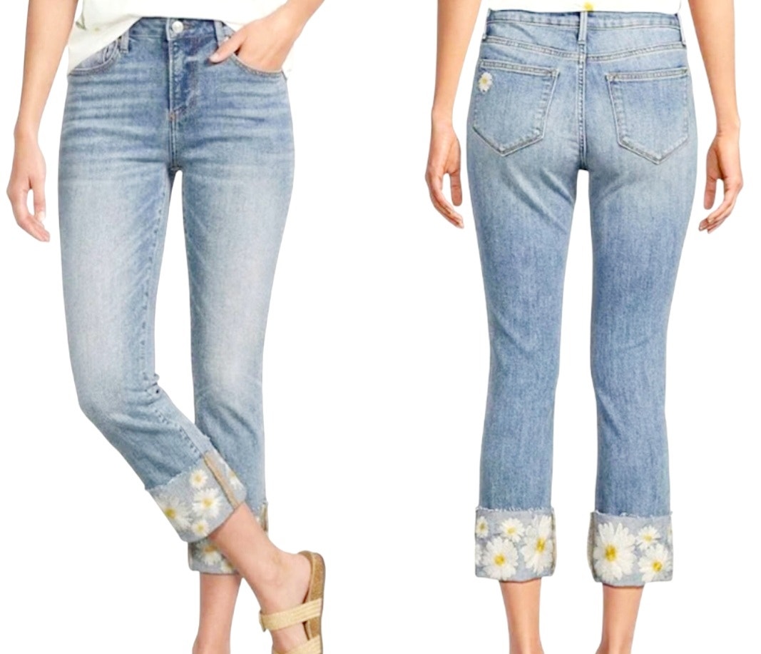 Driftwood Womens Colette Stretch Embroidered Daisy Cuffed Straight Jeans Size 8